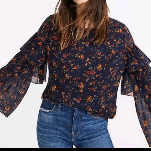 Floral Ruffle Bell-Sleeve Blouse - Navy Floral - Picture 16 of 16